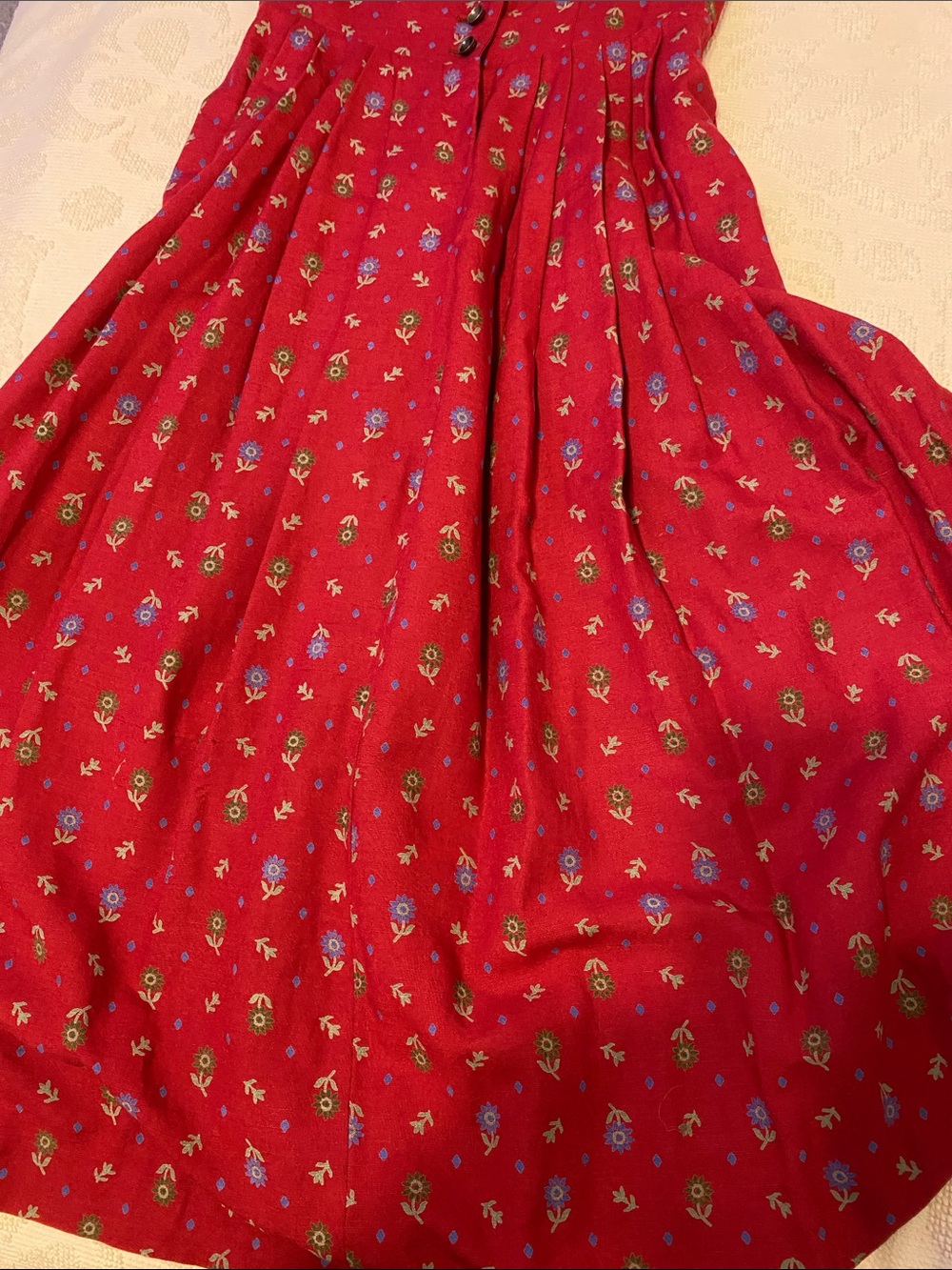 Red Floral Maxi Dirndl Dress with Button Front, traditional German dress - Picture 9 of 11